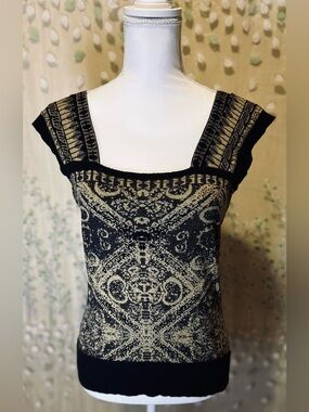 Me & You Black Gold Brocade Knit Square Neck Cap Sleeve Sweater Top Women's L